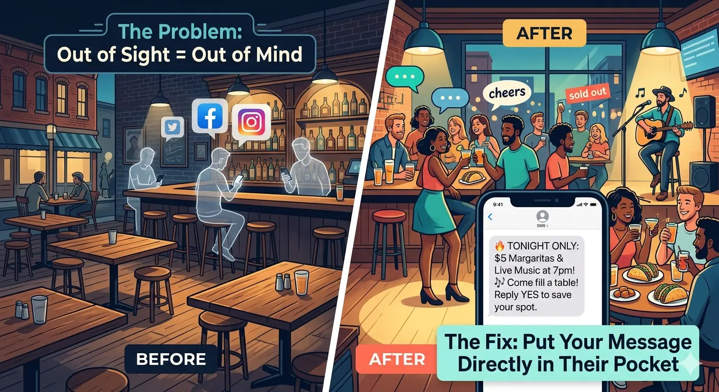 Comparison of a slow restaurant versus a busy restaurant fueled by SMS marketing